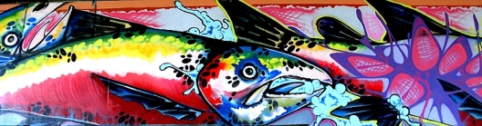 Salmon mural along the wall of the underpass, reminding us of the active salmon run in the Millstone River beside us, and of the fragility of our oceans. (Photo by Kim Goldberg)